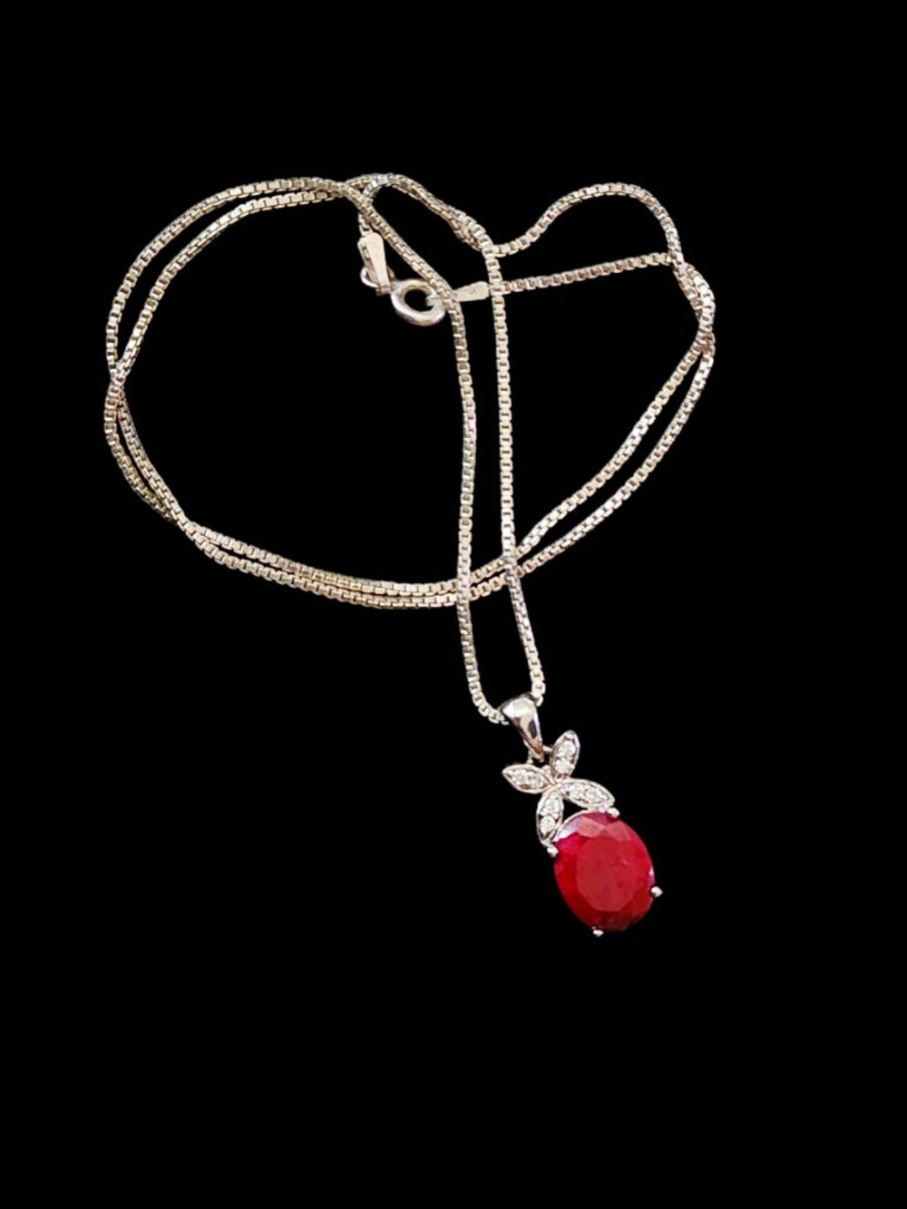 Vintage 80s Stauer Sterling Silver Raw Ruby & CZ Pendant Necklace 16” Italy Box